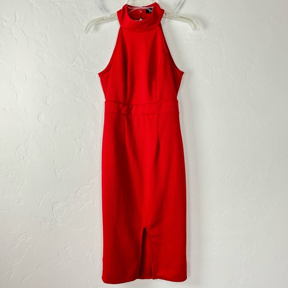 Lulus Dress Midi Bodycon Fitted Solid Red Open Backless High Neck‎ Sexy Flirty - Picture 1 of 8
